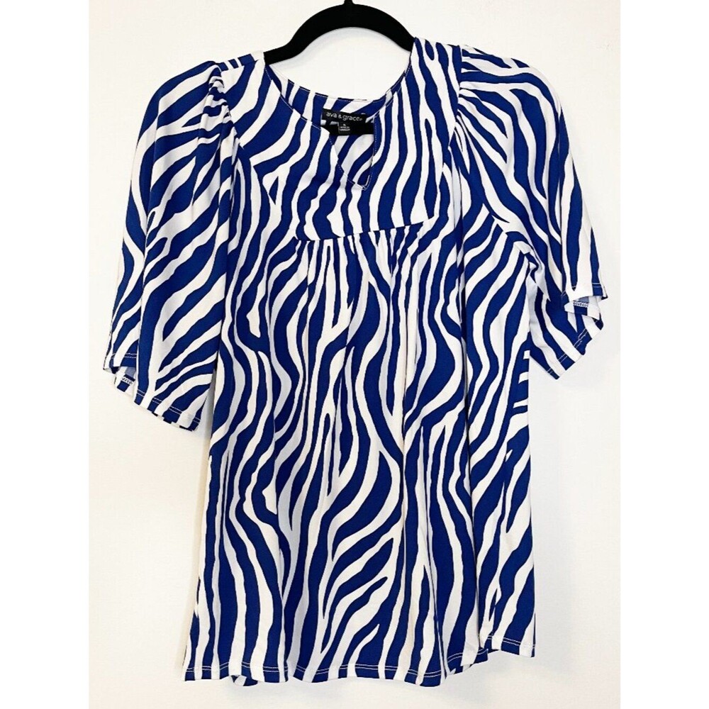 Ava & Grace Blue White Zebra Print Flutter Sleeve Blouse Women's Small Stretch